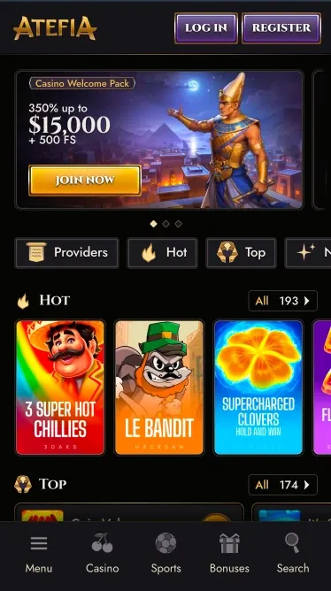 Atefia mobile casino lobby